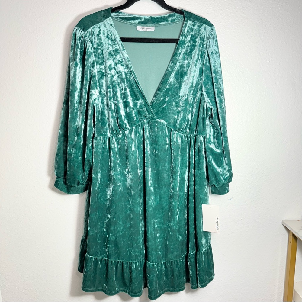 Motherhoood Turquoise Velvet Mini Maternity Ruffle Hem Dress Half Sleeve XXL
